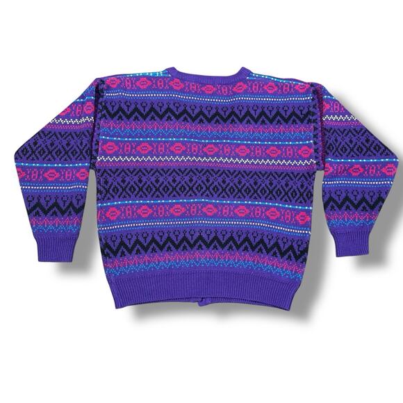 Vintage Just Sasha Geometric Purple Crop Cardigan Sweater Women’s M Boxy 80s 90s - Picture 2 of 6